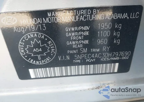 2013 Hyundai Sonata Limited z USA, uszkodzony, nr VIN 5NPEC4AC3DH797690